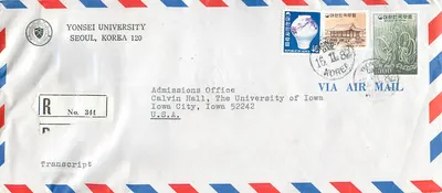 Universidade Yonsei — Seul, Coreia — envio aéreo para a Universidade da Iowa — 15.11.82