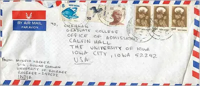Envelope aéreo da Índia para a Universidade da Iowa — Mukeesh Kacker, Roopkee, Índia — selos e carimbo de expedição