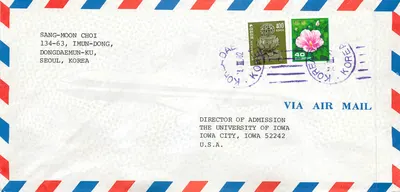 Envelope aérea de Seul para Iowa City — selos coreanos e carimbo postal
