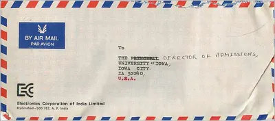 Hyderabad - Mukdikka Pool - Envelope aérea para Iowa City, Estados Unidos — Electronics Corporation of India Limited — Verso