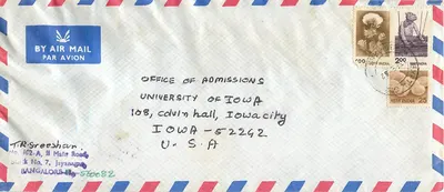 BANGALORE - IOWA — Envelope aéreo por volta de 1987, selos da Índia