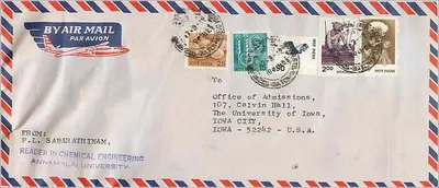 Envelope aéreo da Índia para a Universidade do Iowa — P.L. Sabarathinam, Universidade de Annamalai