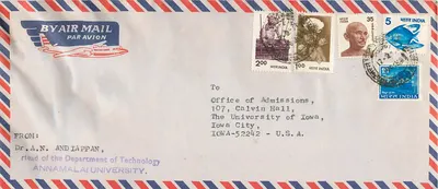 Envelope aéreo indiano — Universidade de Annamalai para a Universidade de Iowa — selos Gandhi e peixe