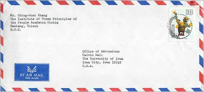 Bì thư hàng không Trung Quốc — tem 18 nhân dân tệ — gửi đến Đại học Iowa, Hoa Kỳ