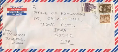 Envelope aéreo Bombay-Estados Unidos — R.S. Yavatwar para Calvin Hall, Iowa — selos da Índia