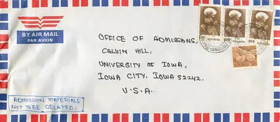 Envelope aérea da Índia para a Universidade da Iowa — Junior College de Nrupatunga, Hyd-A.P.
