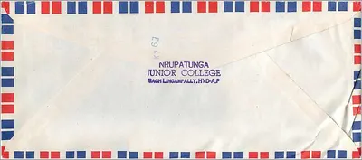 Envelope aérea da Índia para a Universidade da Iowa — Junior College de Nrupatunga, Hyd-A.P. — Verso