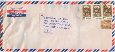 Bombay - Iowa City — Envelope aéreo com selos da Índia