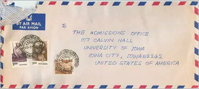 Envelope aéreo da Índia para a Universidade da Iowa — selos e carimbos da Índia