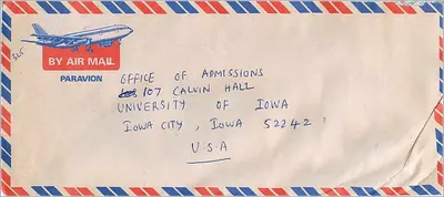 Cartolina aerea — 13° Congresso internazionale delle scienze — India 1969 — destinata all'Università dell'Iowa, Stati Uniti — Verso