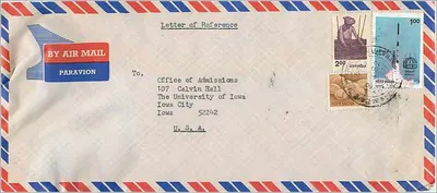 Envelope aéreo Paravion — Carta de referência para a Universidade da Iowa — Índia