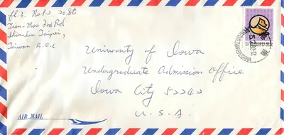 Luftbrief — Lang Kuan, EA-L01 — an die Universität Iowa, Vereinigte Staaten