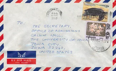 Carta postal aérea — Malásia — destinada à Universidade de Iowa — 1982