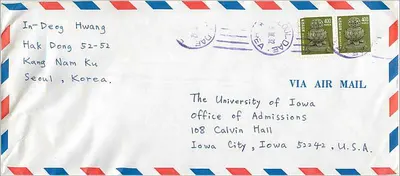 Envelope aéreo — Carta de Seul, Coreia, por volta de 1962 — Departamento de Admissões da Universidade da Iowa