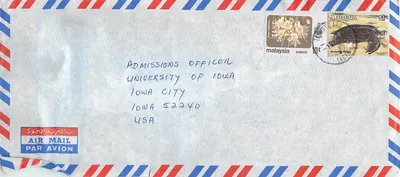 Envelope aéreo — Malásia Sabah — destinado à Universidade de Iowa