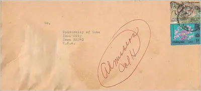 Carta postal enviada da Malásia — Universidade da Iowa, Iowa City, Estados Unidos