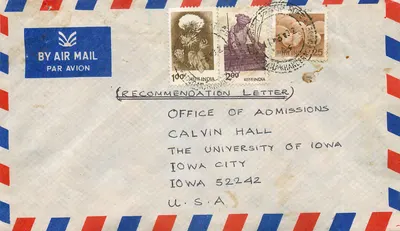 Carta postal recomendada — Carta de recomendação — Prof. S.K. Damle, Baroda (Índia) para Calvin Hall, Iowa City (Estados Unidos)