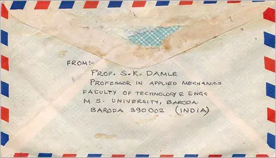 Carta postal recomendada — Carta de recomendação — Prof. S.K. Damle, Baroda (Índia) para Calvin Hall, Iowa City (Estados Unidos) — Verso