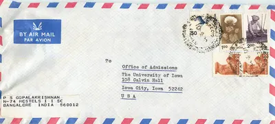 Bangalore — Iowa City — Envelope aéreo com selos indianos