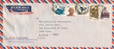 Cartão aéreo enviado da Índia para a Universidade do Iowa — Dr. N. Sitaraman, professor na Annamalai University