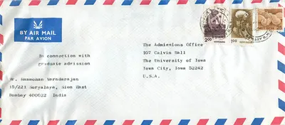 Bombay - Iowa City — Envelope aéreo para admissão universitária — editor não visível
