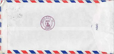 Taipei — Carta aérea para a Universidade do Iowa — editor não visível — Verso