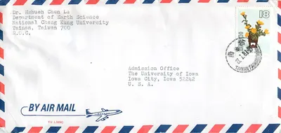 Envelope aéreo — Tainan, Taiwan — YU LIANG