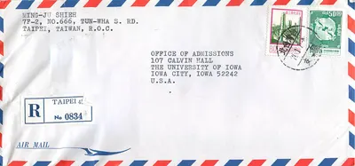 Envelope aéreo de Taipei para Iowa City — Lang Kuan, EA-L01