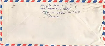 Envelope aéreo da Índia para a Universidade do Iowa — selos e carimbo de Nova Deli — Verso
