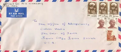 Envelope aéreo de candidatura a doutorado — Calcutta, Índia — destinado à Universidade do Iowa, Estados Unidos