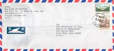 Taipei — Versand an die University of Iowa — Luftpost
