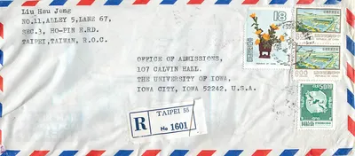 Taipei — Luftpost an die Universität Iowa — Stempel der Republik China