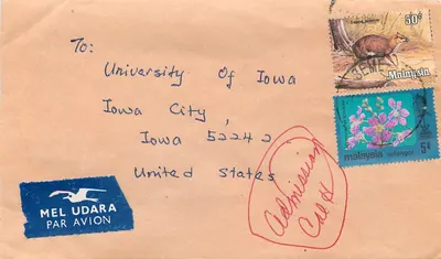 Carta aérea para Iowa City — Malásia, Selangor — selos e carimbo 'Oldman Card'