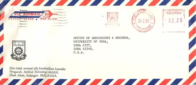 Carta aérea — Instituto Teknologi MARA, Shah Alam, Malásia — para Iowa City, Estados Unidos