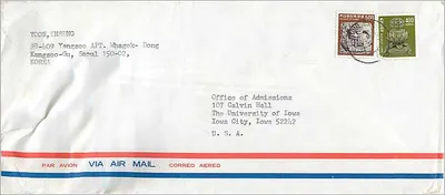 Envelope aéreo de Seul para Iowa — selos coreanos 500 e 400 won