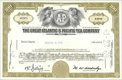 Giấy chứng nhận 100 cổ phần của Great Atlantic & Pacific Tea Company — CEDE & CO. — nhà xuất bản First National City Bank