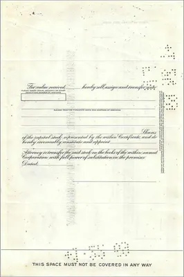 Great Atlantic & Pacific Tea Company 100股股票证书 — 出版商Moran Guaranty Trust Company — 背面