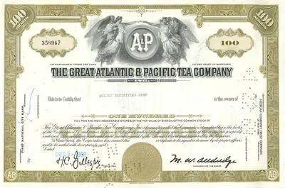 Certificado de 100 ações da Great Atlantic & Pacific Tea Company — DELTEC SECURITIES CORP — n° 358947