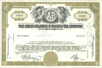 Giấy chứng nhận cổ phần của Great Atlantic & Pacific Tea Company — 100 cổ phần — Nhà xuất bản First National City Bank