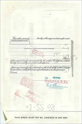 Great Atlantic & Pacific Tea Company 100股股票证书 — Walston & Co. Inc. — 编号 361229 — 背面