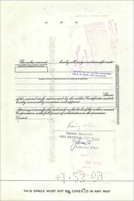 Certificat de parts de la Great Atlantic & Pacific Tea Company — éditeur First National City Bank, n° 0378623 — Verso