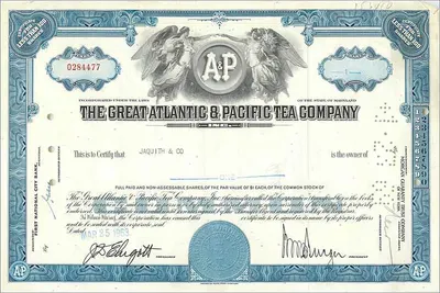 Giấy chứng nhận cổ phần của Great Atlantic & Pacific Tea Company — nhà xuất bản First National City Bank