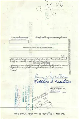 大西洋与太平洋茶叶公司股份证书 — Harry V. Masterson & Kathleen S. Masterson J/T — 出版商第一国家城市银行 — 背面