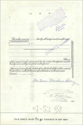 Share Certificate of the Great Atlantic & Pacific Tea Company - Mrs Ann Meadors Huey - No. 0478850 — Back