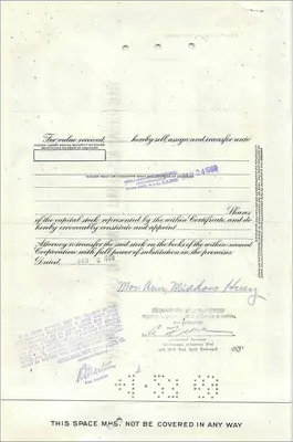 Aktienzertifikat der Great Atlantic & Pacific Tea Company — Mrs Ann Meadors Huey — n° 050228 — Rückseite