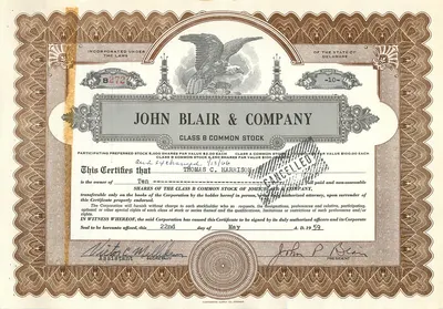 Certificado de ações da empresa John Blair & Company — Delaware — n° B272