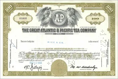 Certificado de 100 ações da Great Atlantic & Pacific Tea Company — editor First National City Bank, n° 351635