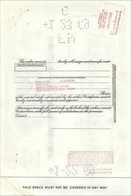 大西洋与太平洋茶叶公司100股股票证书——发行人：第一国家城市银行 — 背面