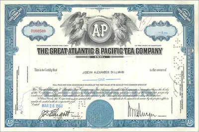 Giấy chứng nhận cổ phần của Great Atlantic & Pacific Tea Company — Joseph Alexander Dillmann — phát hành ngày 28 tháng 3 năm 1961