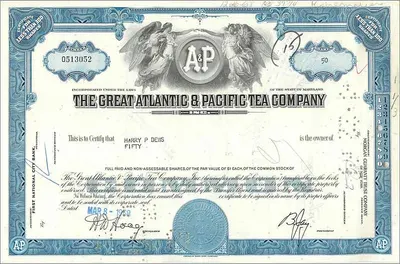Giấy chứng nhận 50 cổ phần của Great Atlantic & Pacific Tea Company — Harry P. Devis — Kohlmeyer & Co.
